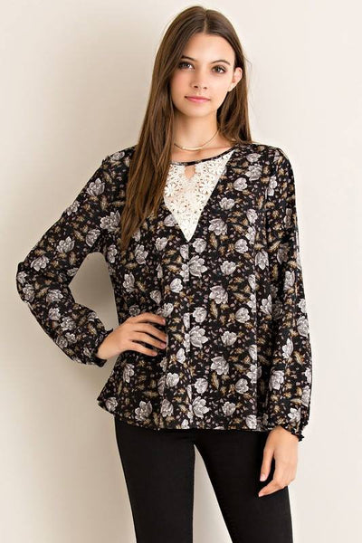 Black Floral Key Hole Top