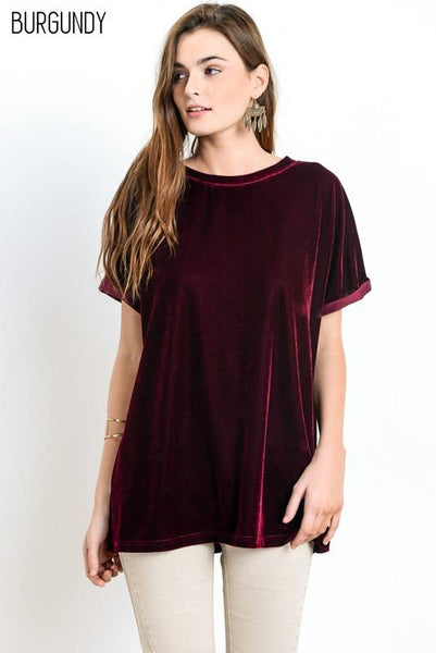 Velvet Short Sleeve Crew Neck Top