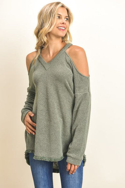 Cold Shoulder Sweater Knit with Frayed Edges