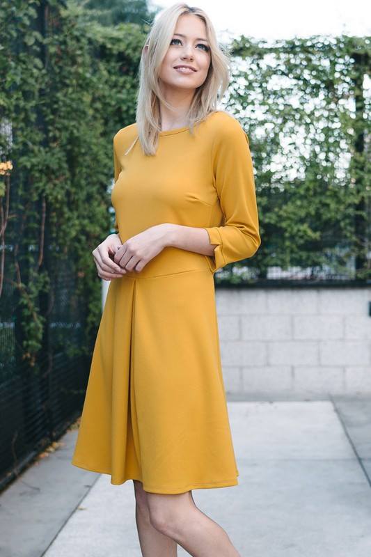 Solid 3/4 Sleeve A-Line Dress