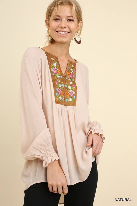 Suede Floral Embroidered Top