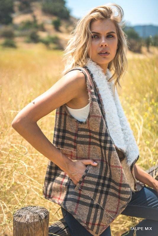 Plaid Fur Lined Vest With Pockets